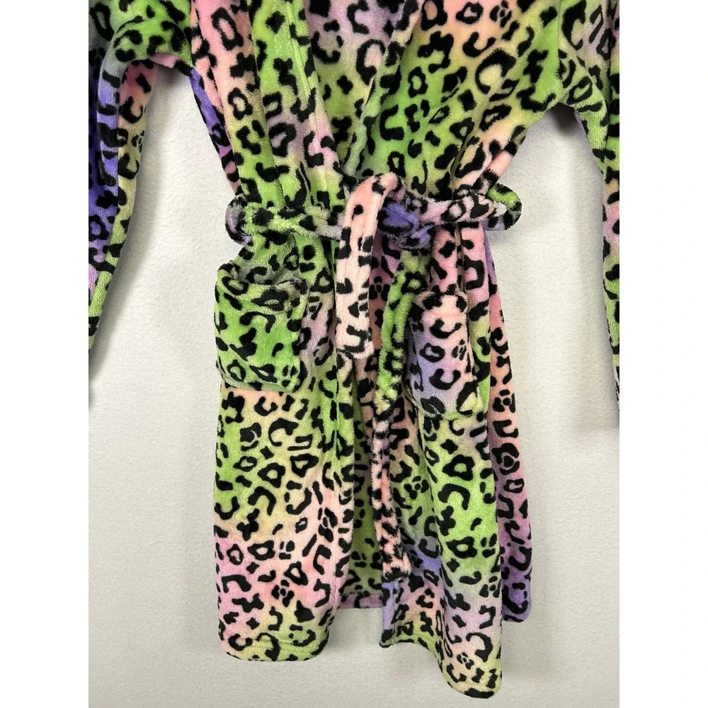 Y2K Neon Topgirl Girls Size 12 Multicolor‎ Leopard Print Hooded Robe Cat Ears